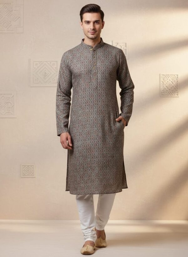 Grey Geometric embroided Print Kurta Set