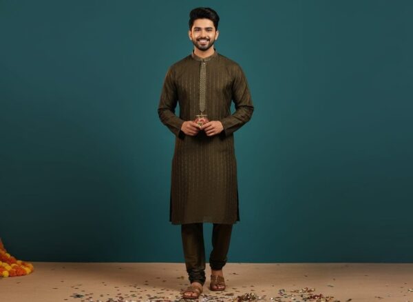 Olive green (Mehndi) embroided Kurta Pajama Set
